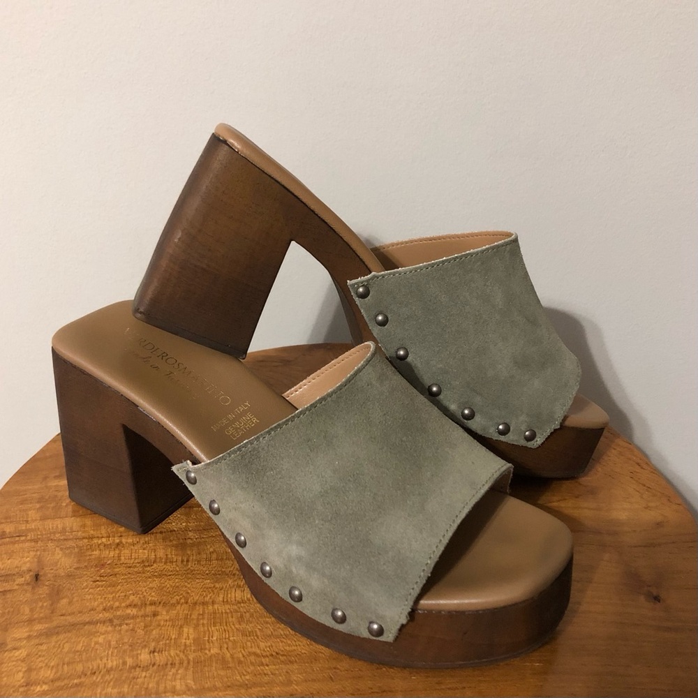VERDEROMARINO Stud-Trim Olive Leather Suede Platform Mules • 39